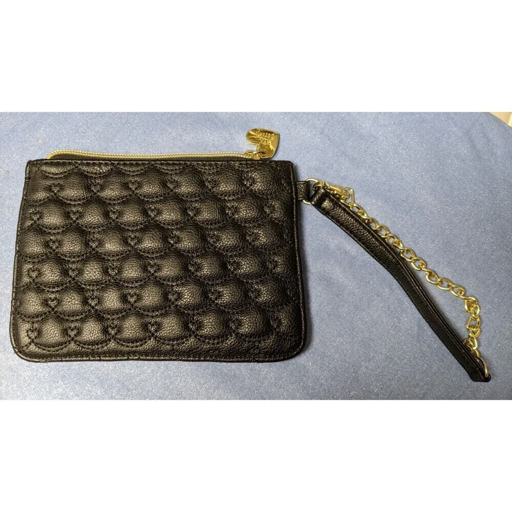 Betsey Johnson Black Quilted Faux Leather Heart Design Clutch Gold Hardware